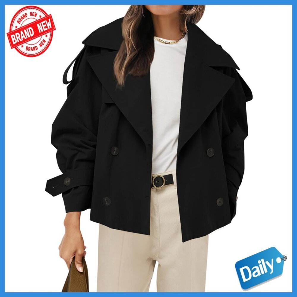 Cropped Trench Coat Double Breasted Jacket Windproof Polyester Fall Outerwear